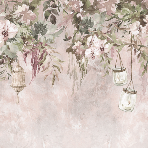 Tapeta Provence w kwiaty – orchidee, zieleń i lampiony na pastelowym różowym tle