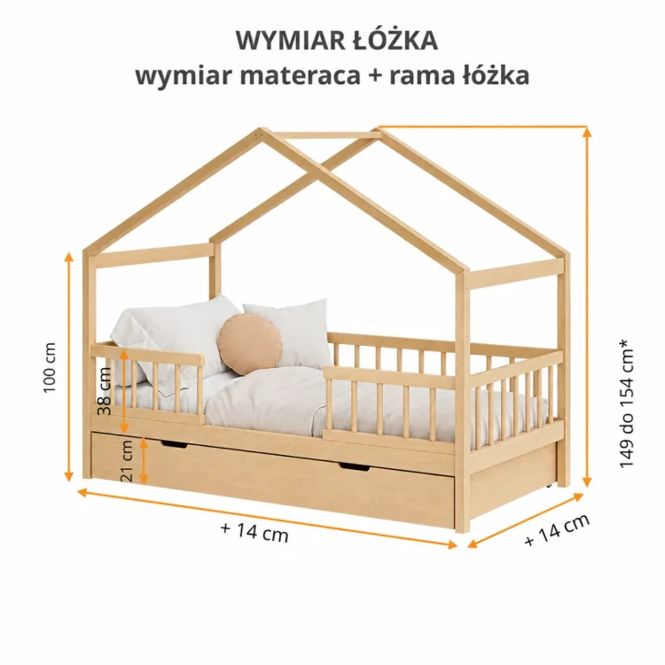 Wymiary łóżka domek KIKO z drewna bukowego