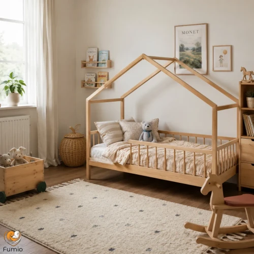 Bukowe łóżko domek KIKO w pokoju dziecięcym