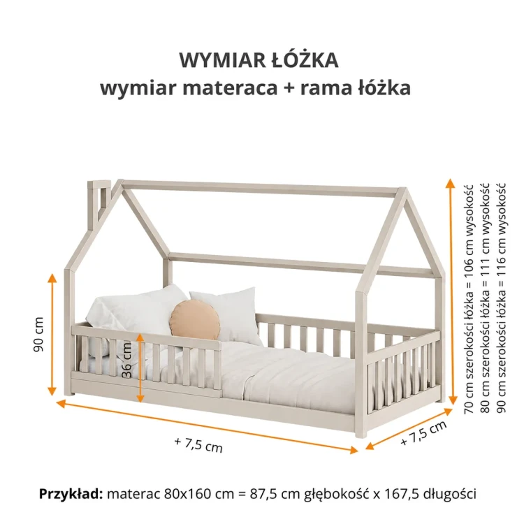 Wymiary łóżka domek YOCO kaszmirowego