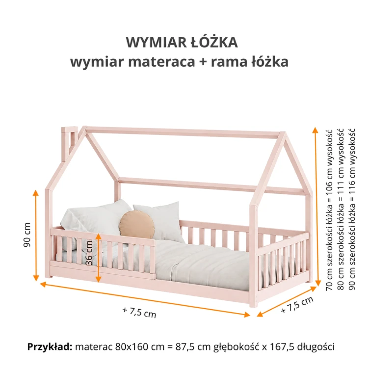Wymiary łóżka Yoco w kolorze jasnoróżowym – rysunek techniczny