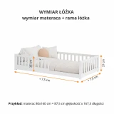 Wymiary białego łóżka dziecięcego – rysunek techniczny z oznaczeniami w centymetrach