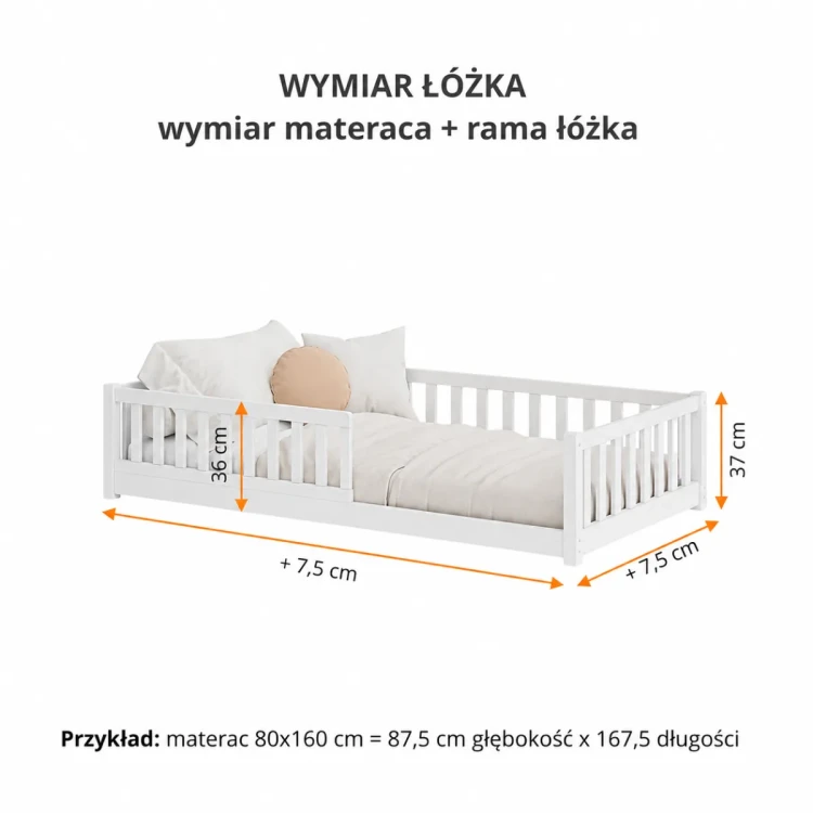 Wymiary białego łóżka dziecięcego – rysunek techniczny z oznaczeniami w centymetrach