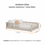 Wymiary łóżka dziecięcego Gusto w kolorze kaszmirowym – rysunek techniczny z oznaczeniami w centymetrach