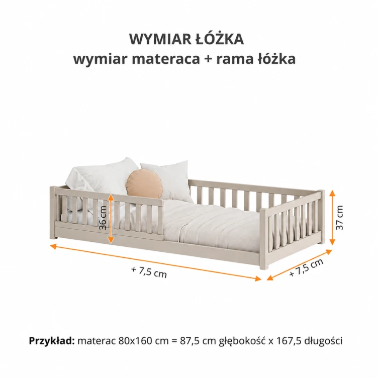 Wymiary łóżka dziecięcego Gusto w kolorze kaszmirowym – rysunek techniczny z oznaczeniami w centymetrach