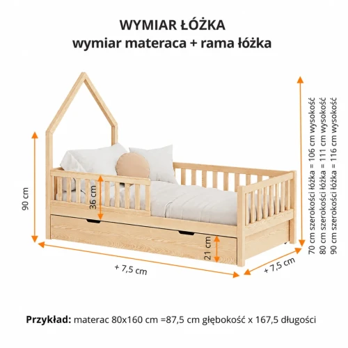 Rysunek techniczny z wymiarami łóżka domku Tago
