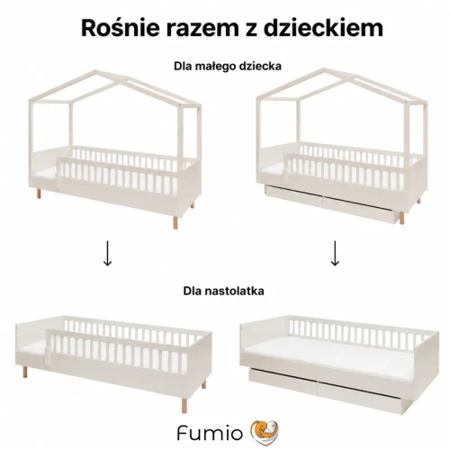 Rosnące łóżko Luno w kolorze szampan – schemat wariantów konstrukcji z litego drewna
