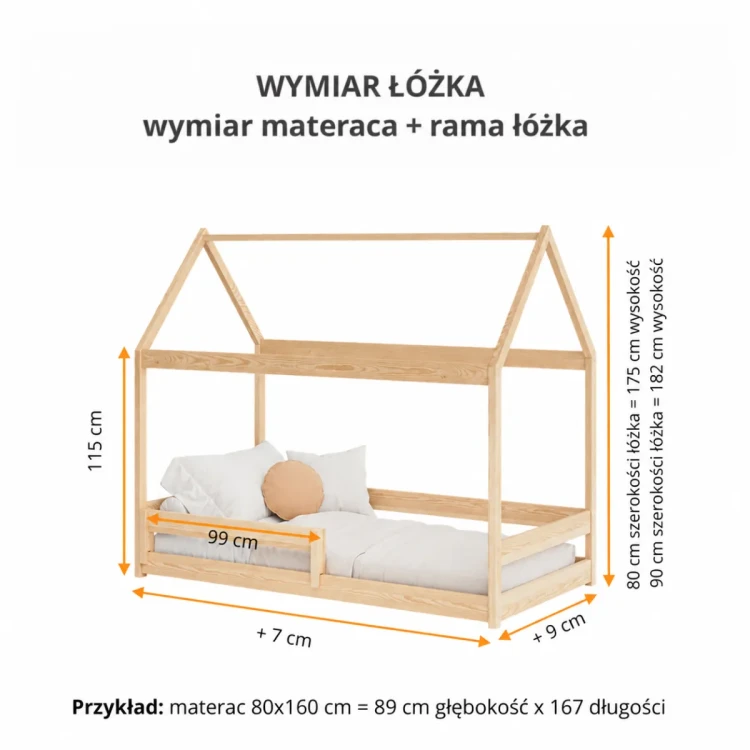 Rysunek z wymiarami łóżka domku podłogowego Tido