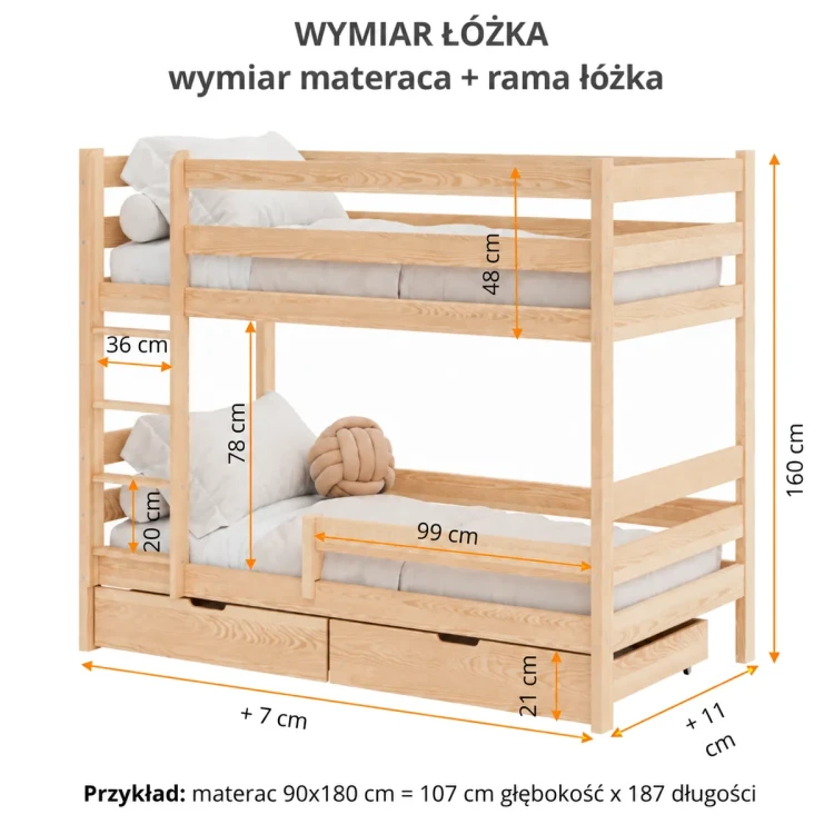 Wymiary łóżka piętrowego Fumio-Duo – rysunek techniczny