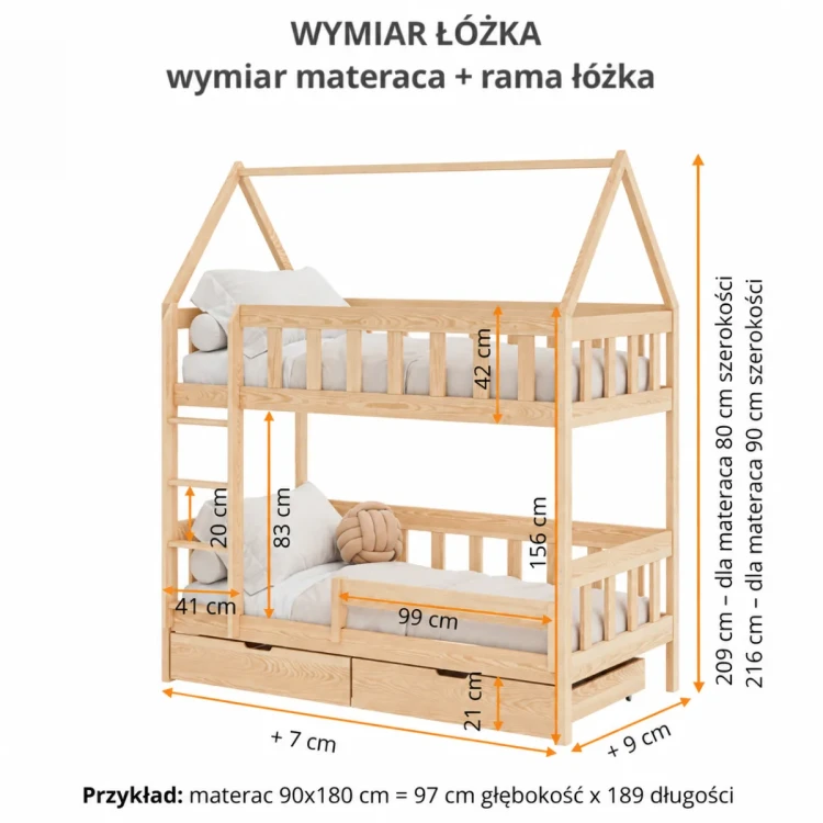 Wymiary piętrowego łóżka domku Fumi-Home – rysunek techniczny
