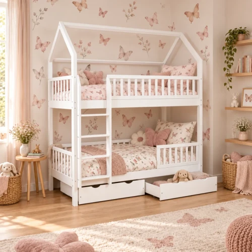 Piętrowe łóżko w kształcie domku Misi-Home w aranżacji pokoju dziecka