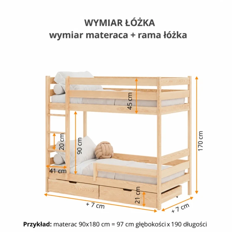 Wymiary łóżka piętrowego Rufi – rysunek techniczny