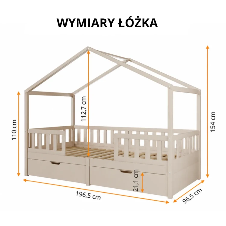 Wymiary łóżka domku Miyo – rysunek techniczny