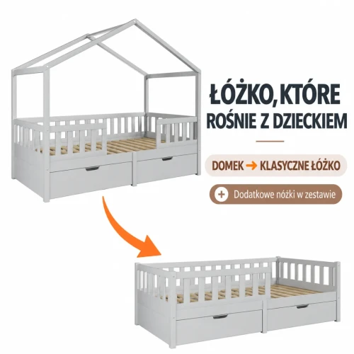 Warianty łóżka domku Miyo – biały i jasnoszary, rysunek poglądowy