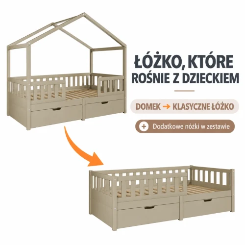 Warianty i konwersja łóżka domku Miyo biało-szałwiowego – rysunek poglądowy