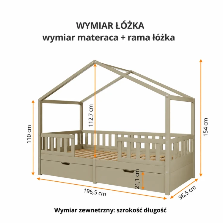 Wymiary szałwiowego łóżka domku Miyo – rysunek techniczny