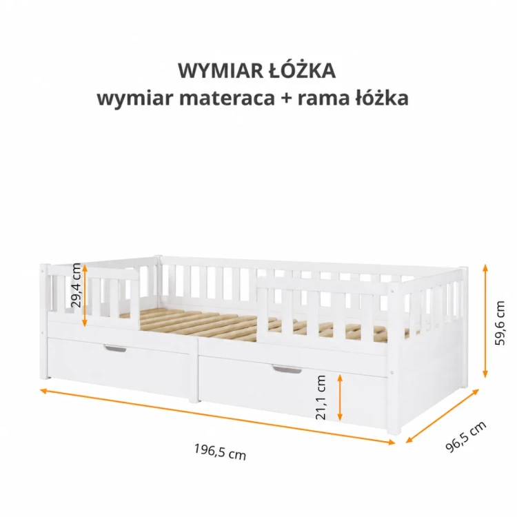 Wymiary łóżka domku Miyo w wersji białej – rysunek techniczny
