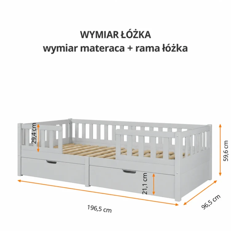 Wymiary jasnoszarego łóżka domku Miyo – rysunek techniczny