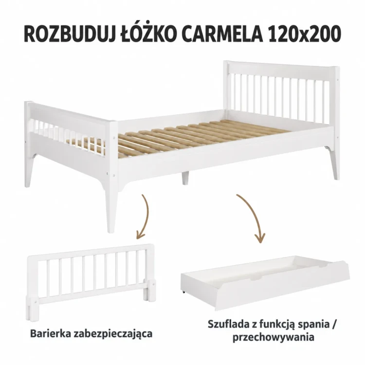 Warianty białego łóżka Carmela 120×200 cm – rysunek poglądowy