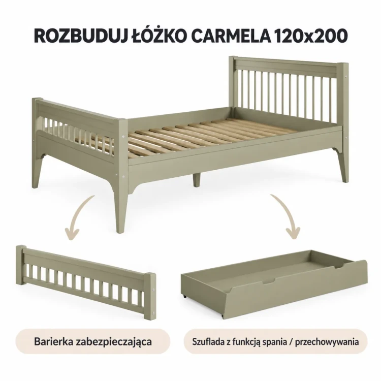Warianty szałwiowego łóżka Carmela 120×200 cm – rysunek poglądowy