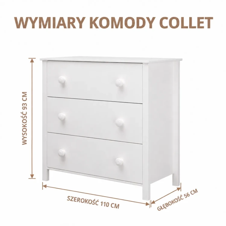 Wymiary białej komody Collet – rysunek techniczny