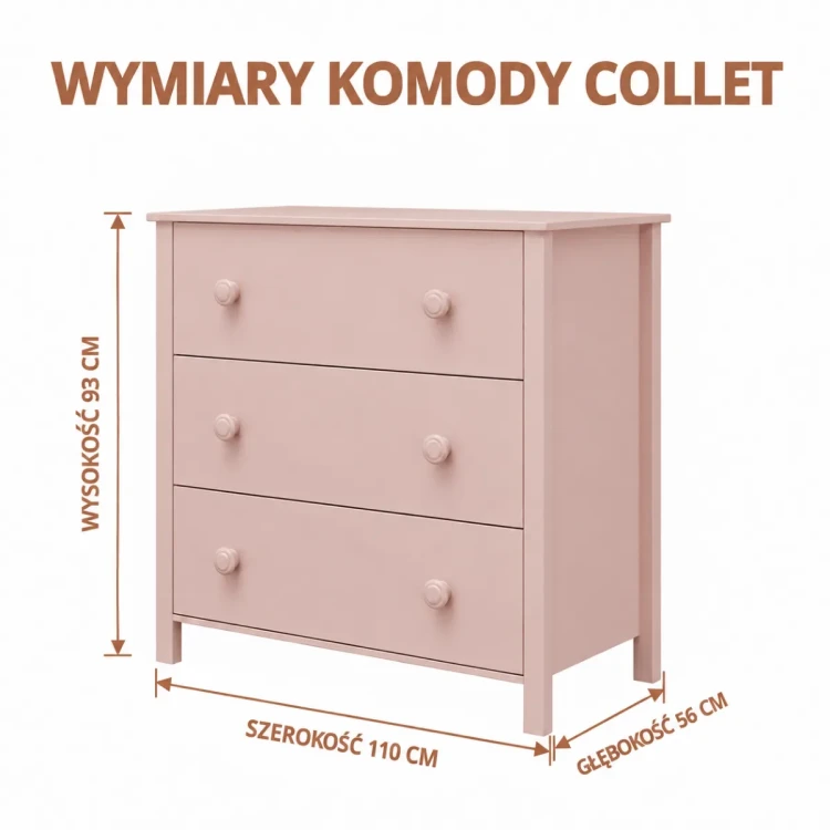 Wymiary różowej komody Collet – rysunek techniczny