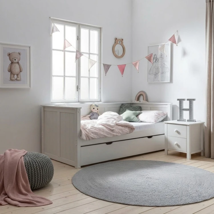 Białe łóżko 90x200 cm z szufladą w aranżacji pokoju dziecięcego