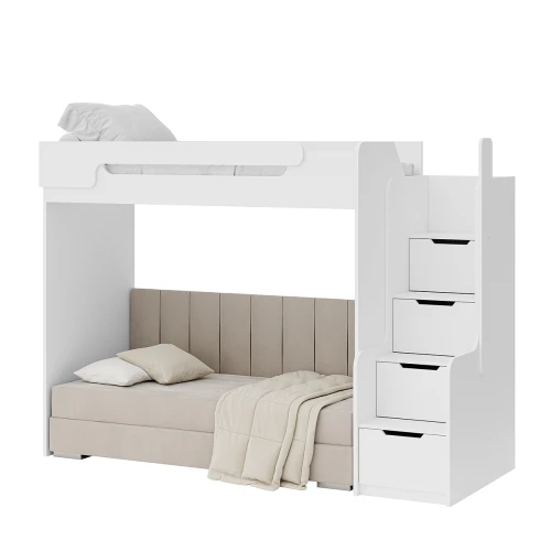 Białe łóżko piętrowe z sofą na dole i schodkami z szufladami