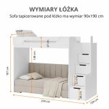 Białe łóżko piętrowe z sofą na dole i schodkami, widok z przodu