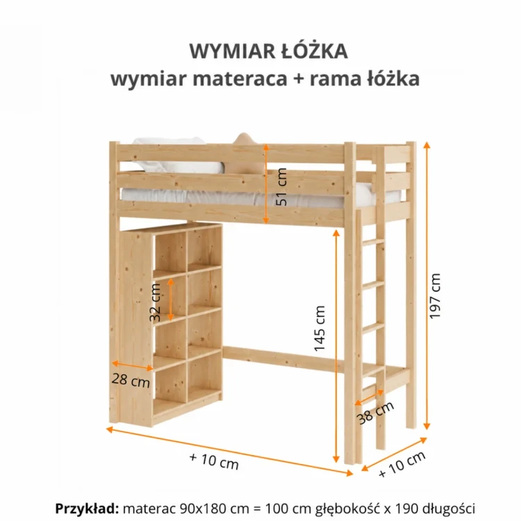 Wymiary łóżka na antresoli MING z regałem