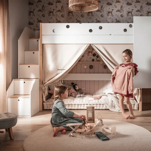 Łóżko na antresoli Funflex ze schodkami i namiotem z tkaniny pod spodem w pokoju dziecka