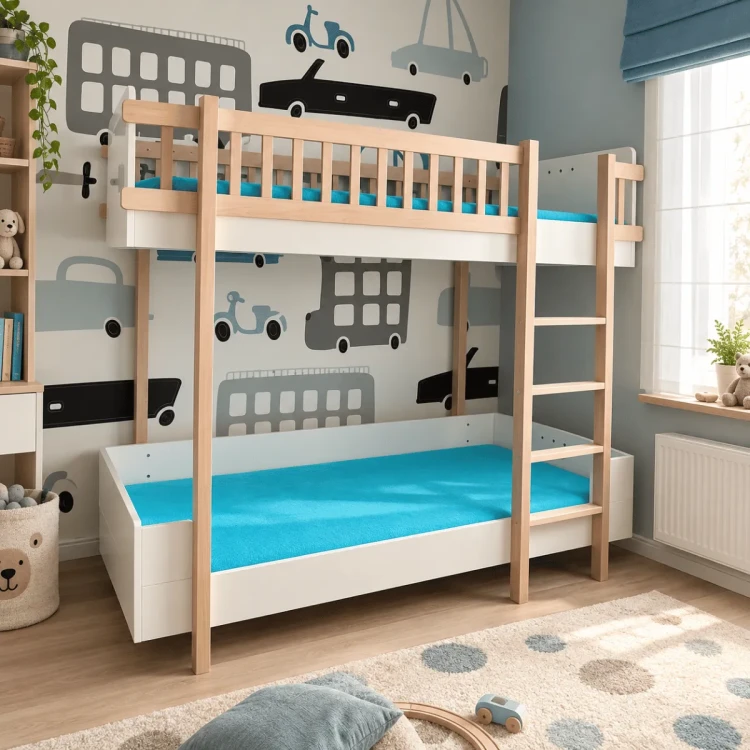 Drewniane łóżko piętrowe Basic z drabinką w pokoju dziecięcym