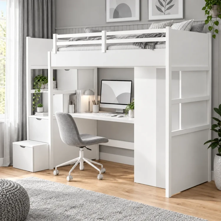 Białe łóżko na antresoli Enzo Loft z biurkiem i szafą w aranżacji pokoju nastolatka