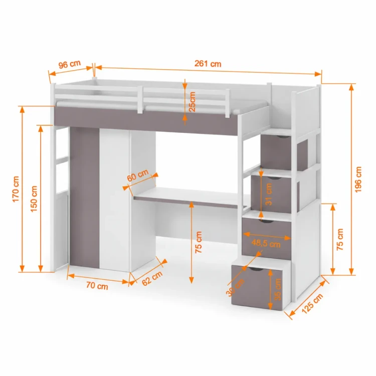Wymiary łóżka na antresoli Enzo Loft – rysunek techniczny