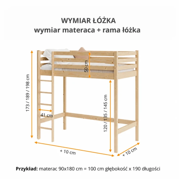 Wymiary łóżka na antresoli Berg – rysunek techniczny