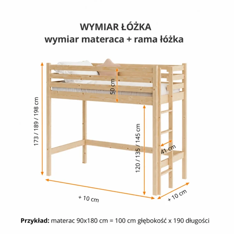 Wymiary łóżka na antresoli Berg z drabinką z boku – rysunek techniczny