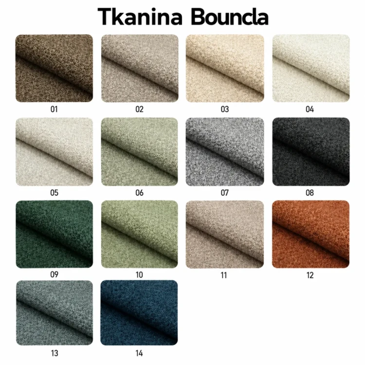 Wzornik tkanin boucle: odcienie beżu, szarości, oliwkowej zieleni, butelkowej zieleni, granatu, rudego i czerni