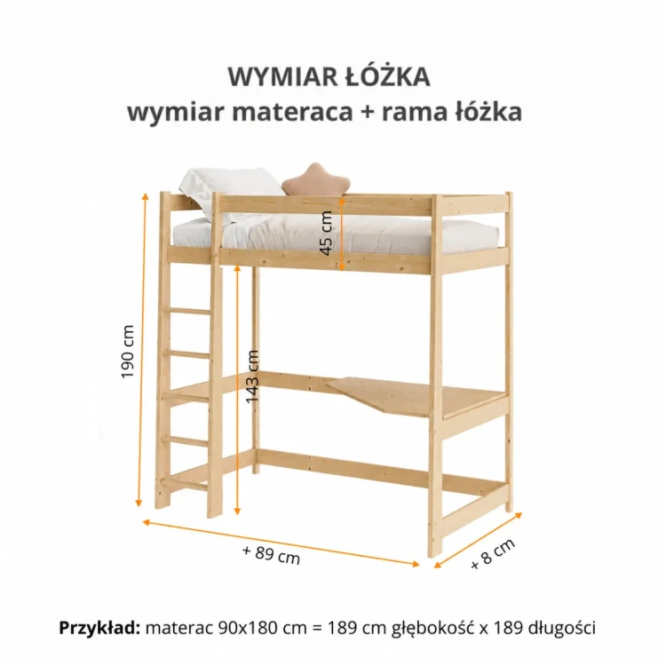 Rysunek z wymiarami drewnianego łóżka na antresoli z biurkiem