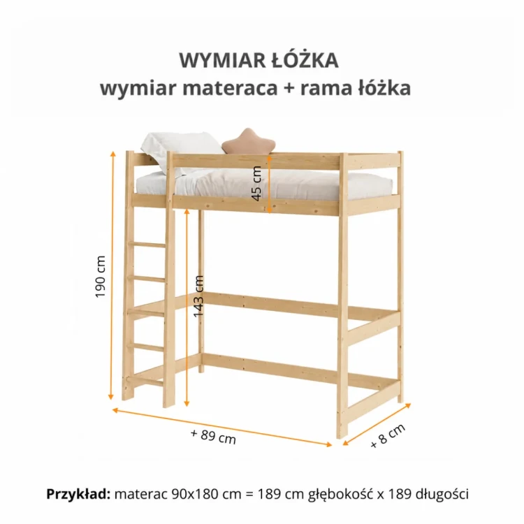 Rysunek techniczny łóżka antresola FLORIS z wymiarami konstrukcji