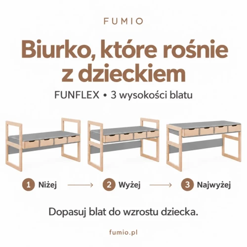 Szare biurko FUNFLEX INMONDO – trzy poziomy wysokości blatu