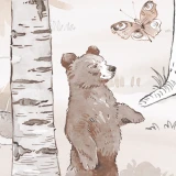 Tapeta z misiami Hello Teddy sepia – detal z misiem i motylem