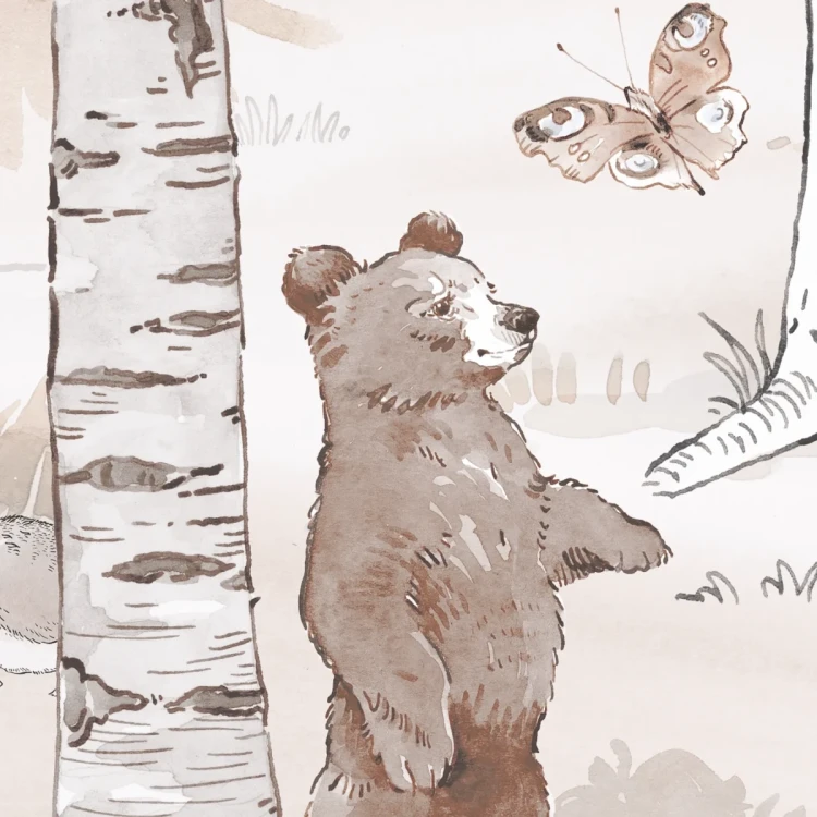 Tapeta z misiami Hello Teddy sepia – detal z misiem i motylem