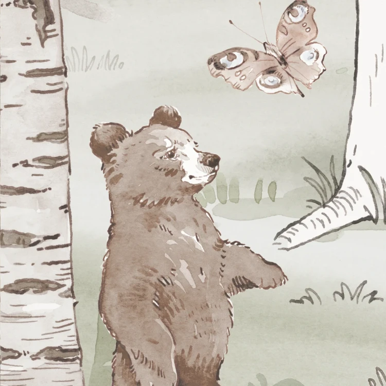 Tapeta z misiami Hello Teddy khaki – detal z misiem i motylem