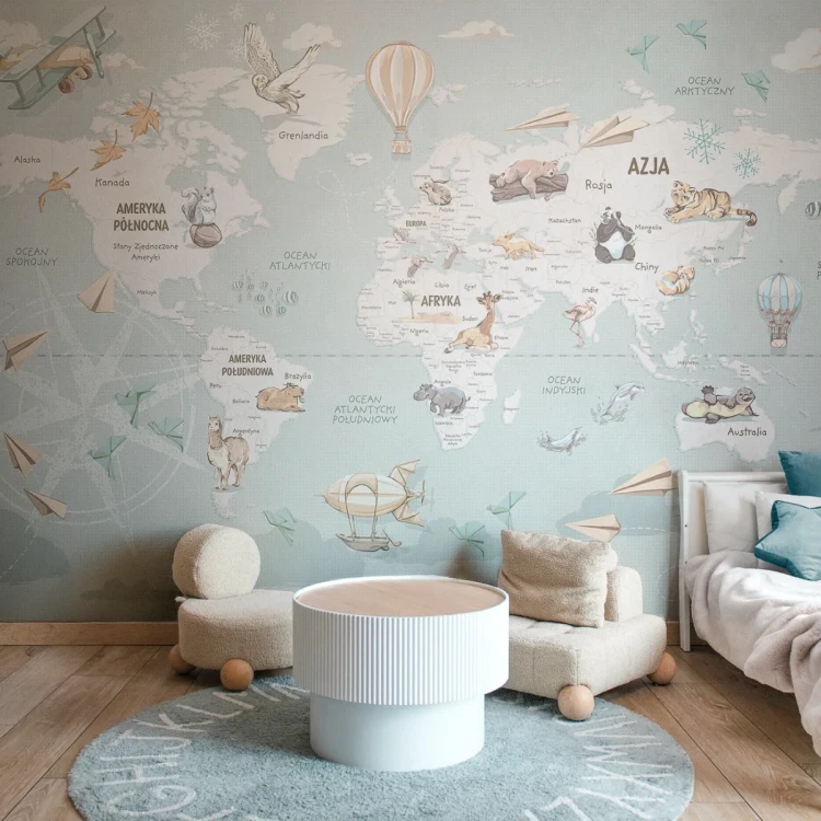 Tapeta z mapą świata Wanderlust Mint w pokoju dziecka