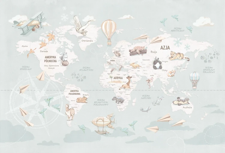 Tapeta z mapą świata – cały wzór Wanderlust Mint