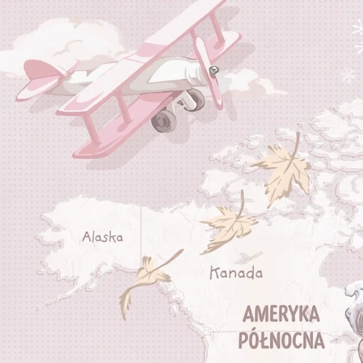 Tapeta z mapą świata Wanderlust Sweet Lavender – detal z samolotem