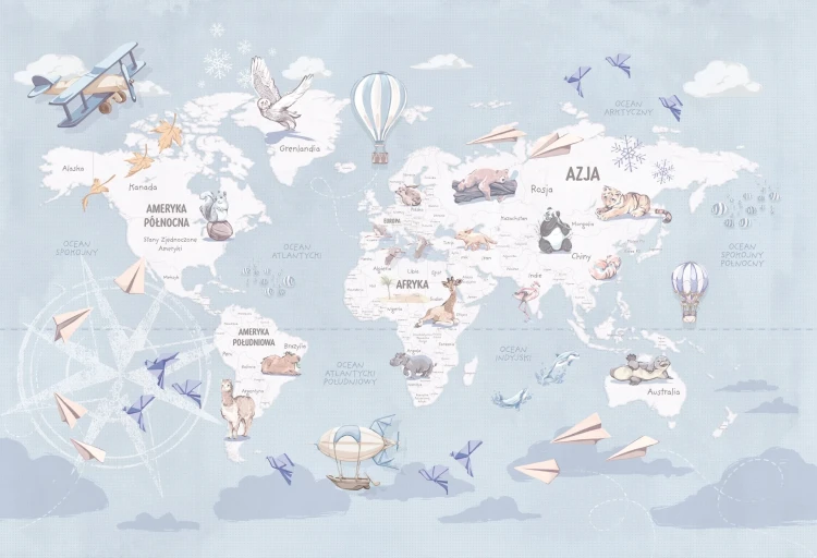 Tapeta z mapą świata – cały wzór Wanderlust Blue