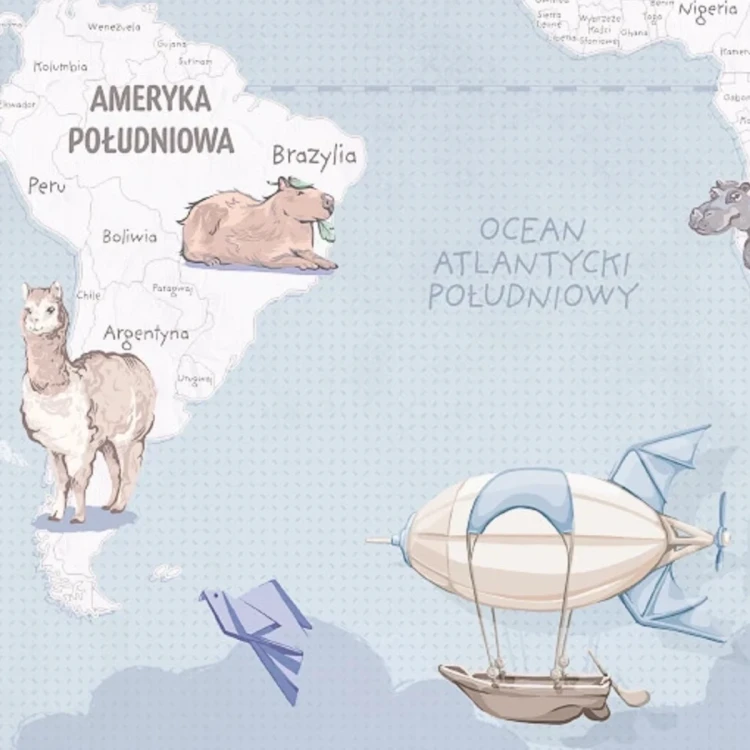 Tapeta z mapą świata Wanderlust Blue – detal z Ameryką Południową