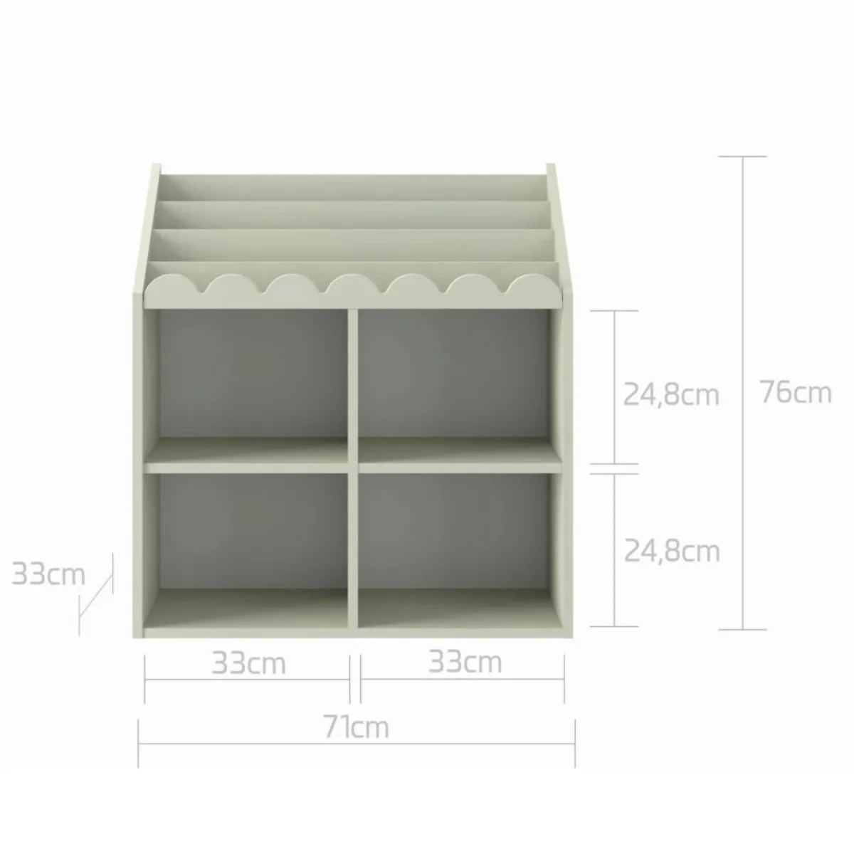 wymiary oliwkowego regału Montessori Bellamy Book Nook Sage