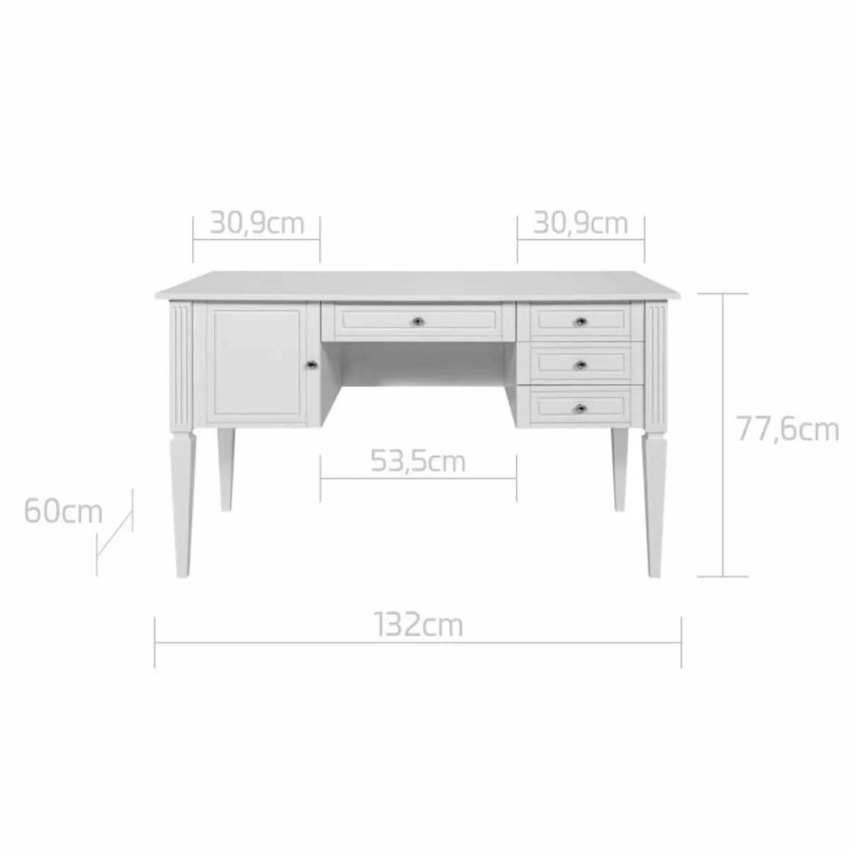 Wymiary białego biurka sekretarzyka Bellamy Ines White 132x60x77,6 cm